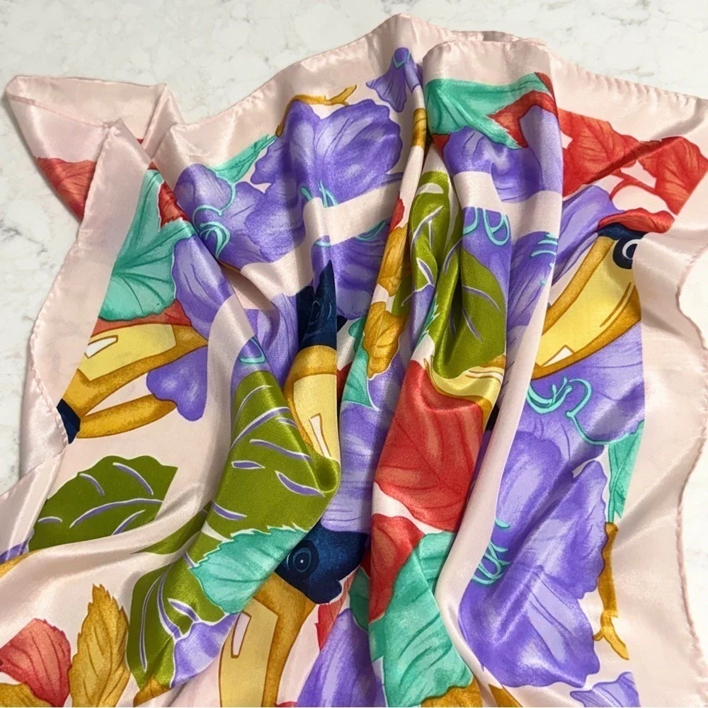 Tropical Print Square Silky Scarf Wrap Pink Pastel Neon